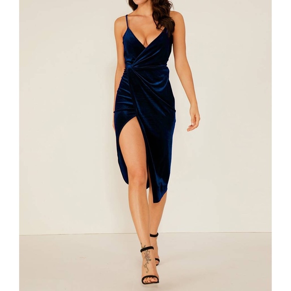 Blue Plunge Wrap Side Split Velvet Midi Dress - Picture 4 of 5